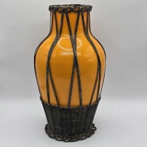 Antique Braided Wire Vase Yellow Glass Bottle Woven Art Deco Tiki Unique Rare